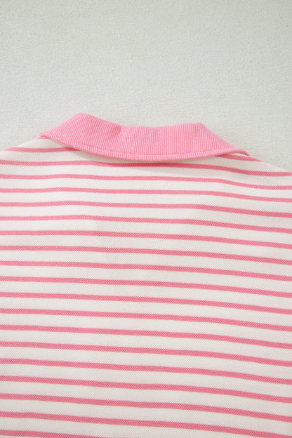 Pink Stripe Color Block Patchwork Polo Tee Drawstring Elastic Waist 2pcs Skort Set