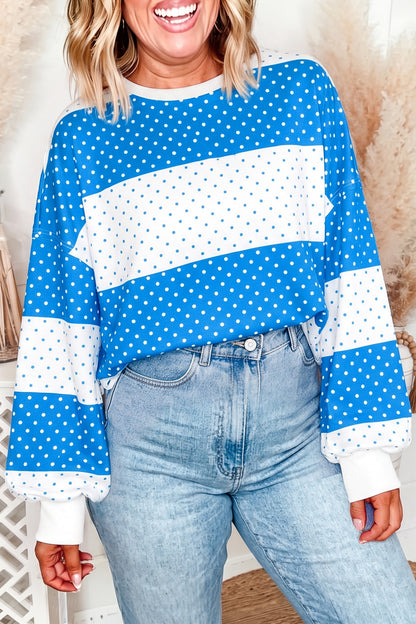 Blue Polka Dot Plus Size Long Sleeve Top