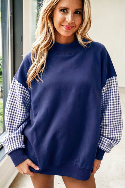 Plaid Sleeve Loose Tunic Mockneck Sweatshirt