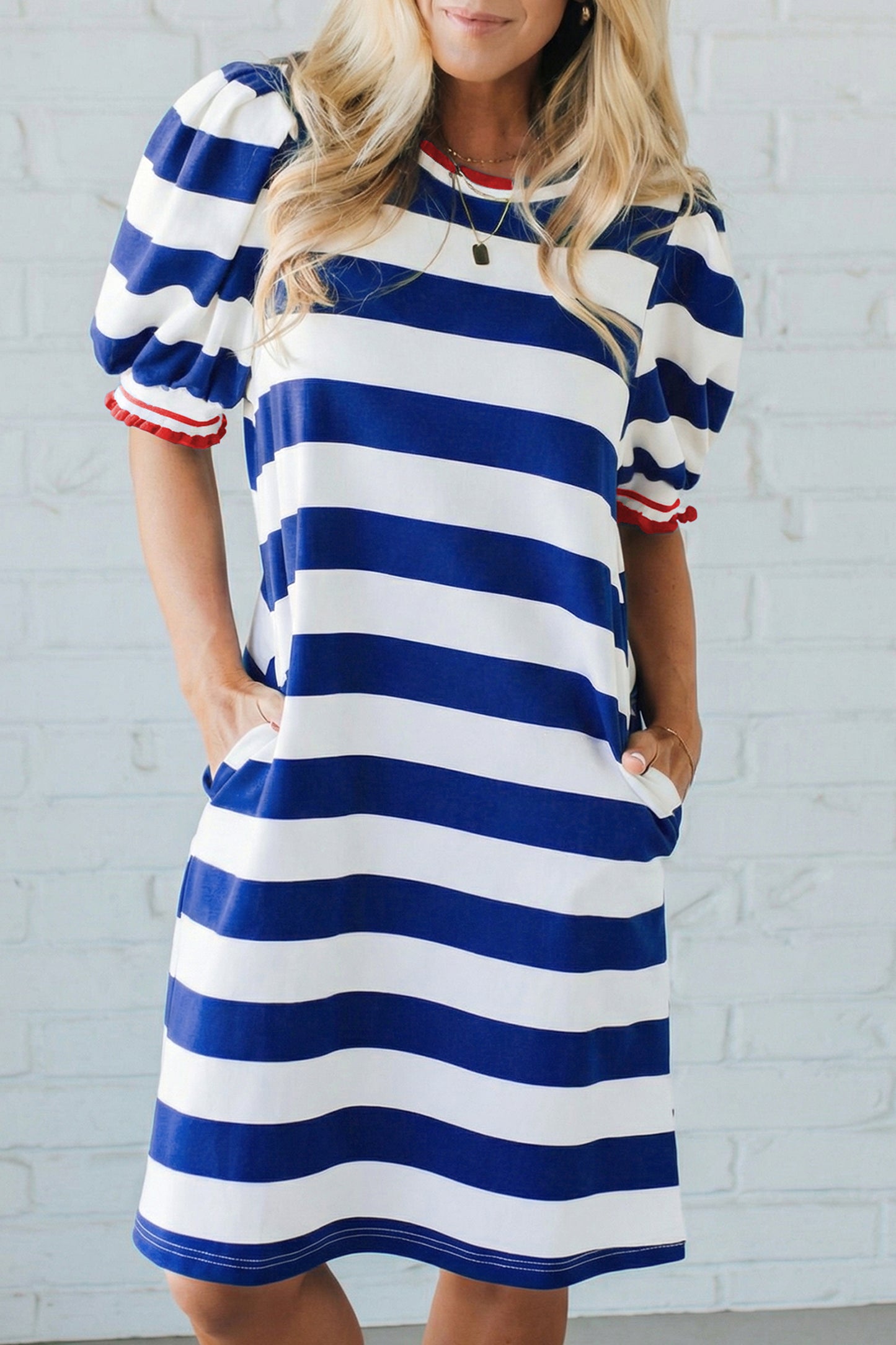 Blue Stripe Contrast Trim Round Neck Short Puff Sleeve Shift Mini Dress
