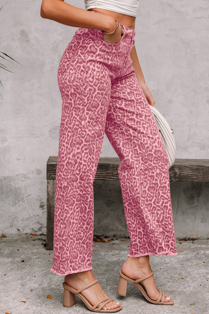 Leopard Frayed Edge Wide Leg High Waist Jeans