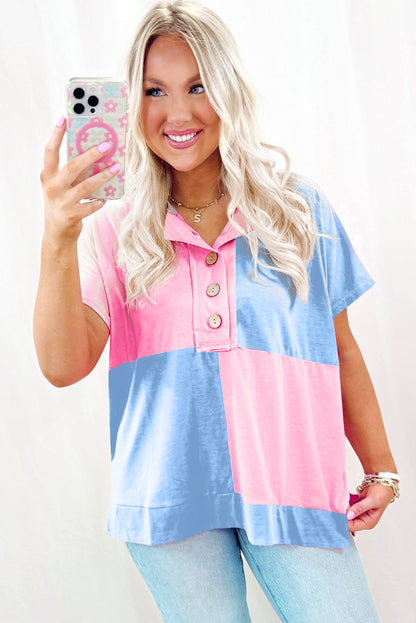 Two Tone Half Buttons Collared T Shirt