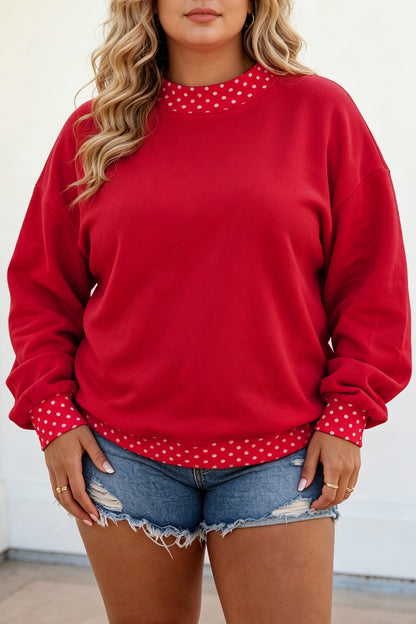 Polka Dot Patchwork Round Neck Plus Size Sweatshirt