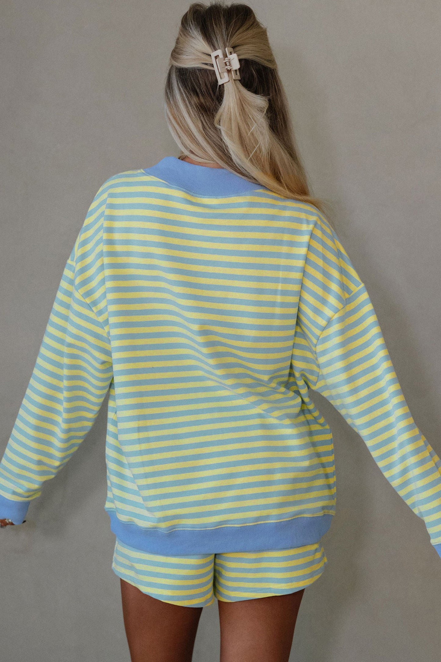 Stripe Color Block Detail Long Sleeve Pullover Elastic Waist Pull On Shorts 2pcs Set