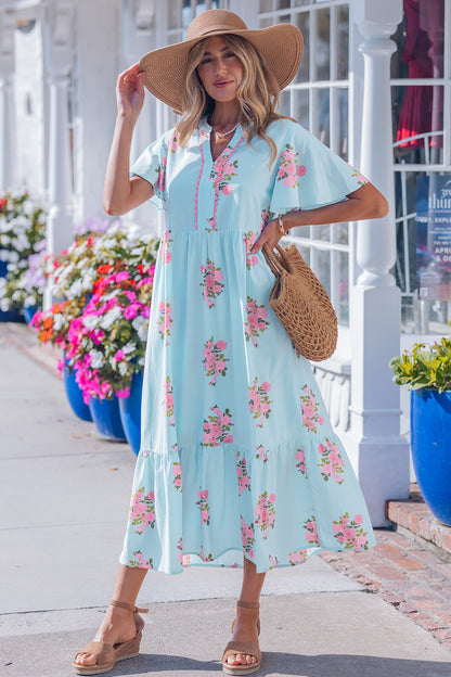 Sky Blue Notched Neck Flutter Short Sleeve Floral Print Maxi Dress