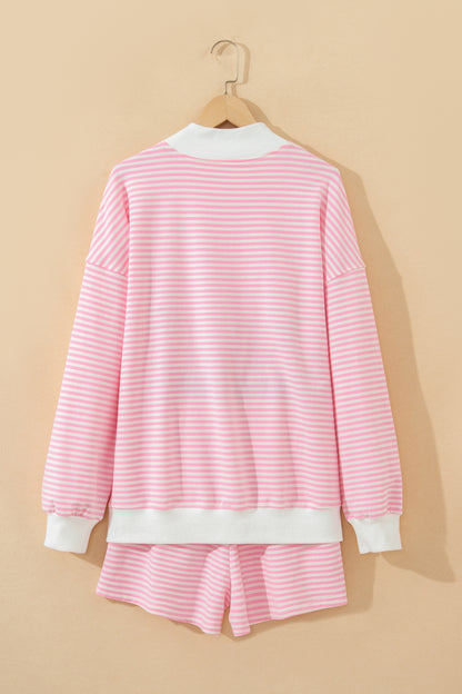 Sky Blue Stripe Oversize Mock Neck Sweatshirt and Shorts Set
