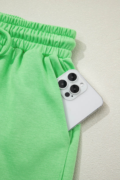 Green Solid Color Puffy Loose Top Drawstring Shorts 2pcs Outfit