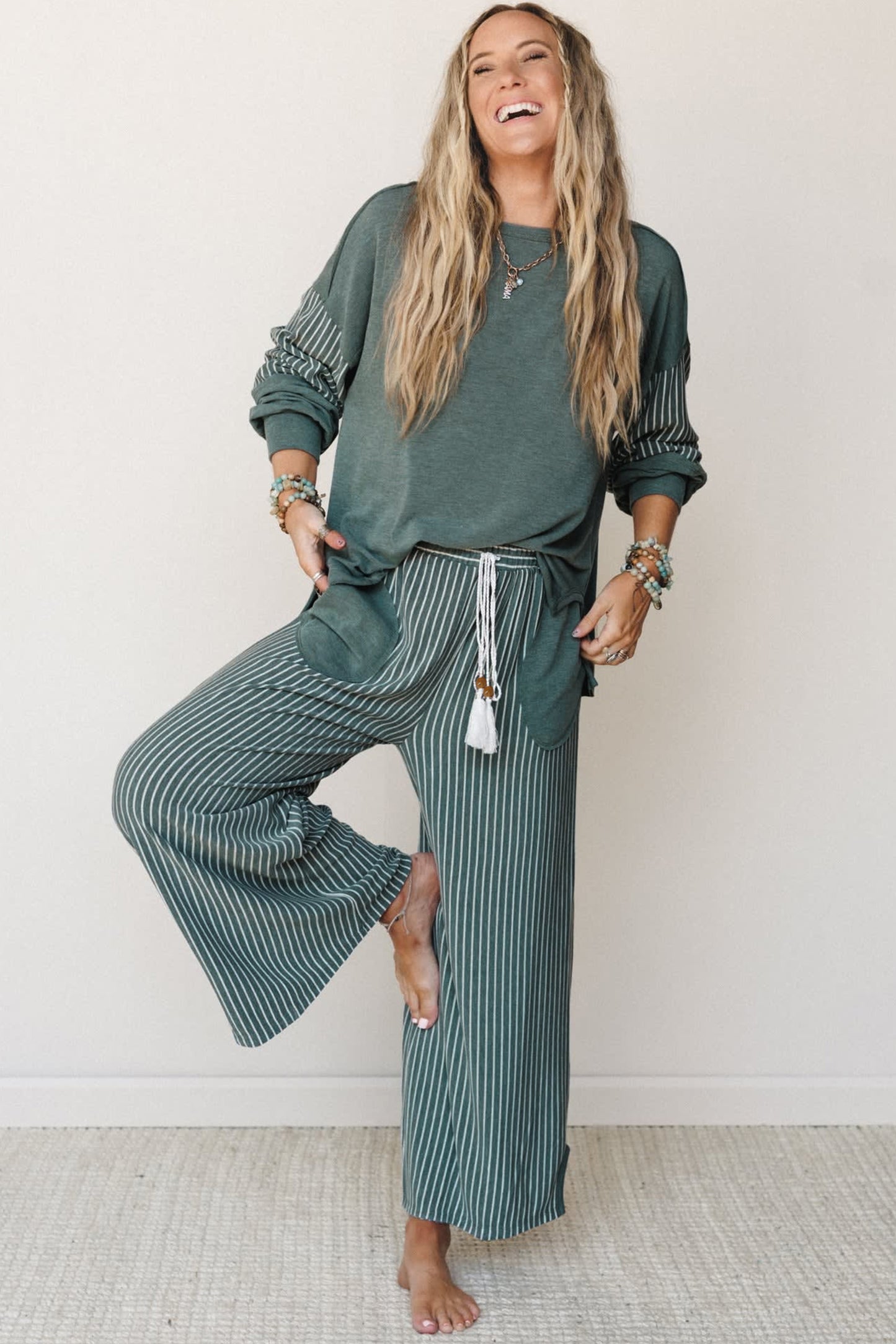 Raw Seam Patchwork Long Sleeve Top Pocket Casual Pants 2pcs Set