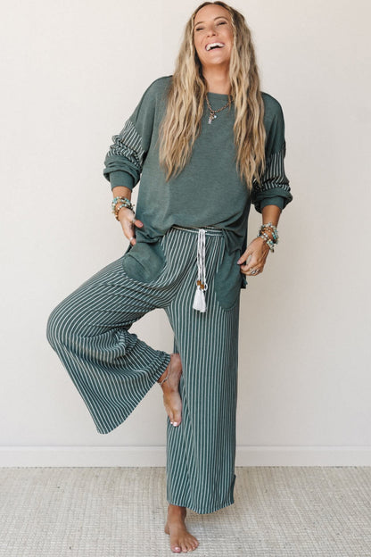 Raw Seam Patchwork Long Sleeve Top Pocket Casual Pants 2pcs Set