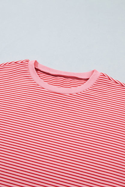 Pink Striped Drop Shoulder Long Sleeve Pant Set