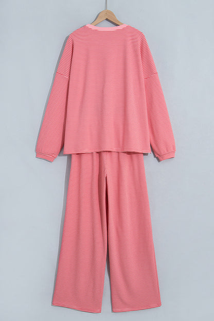 Pink Striped Drop Shoulder Long Sleeve Pant Set