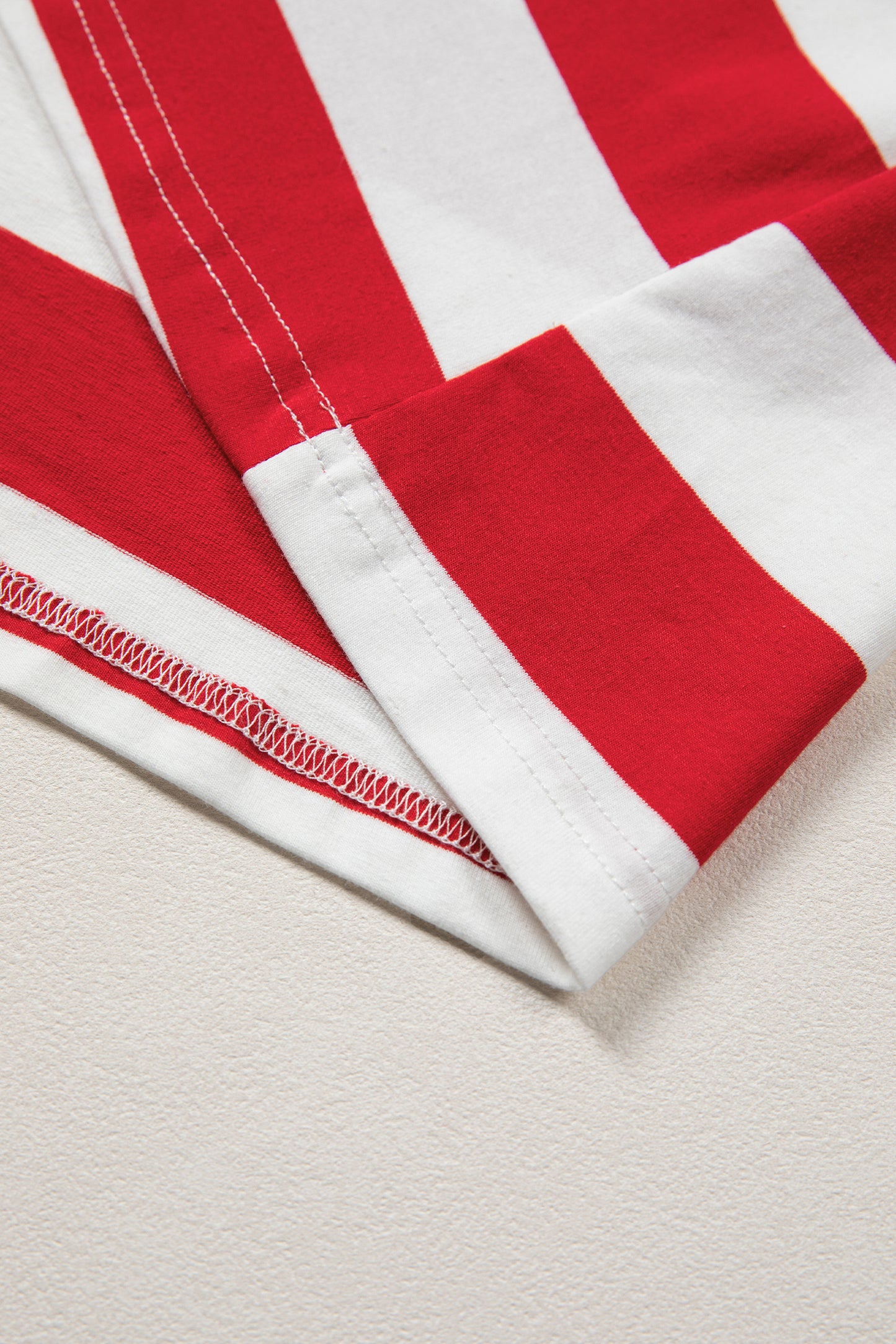 Red Stripe Contrast Trim Round Neck Short Puff Sleeve Shift Dress