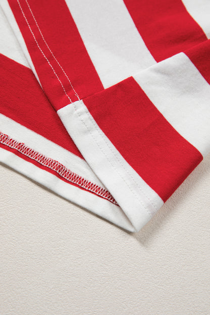 Red Stripe Contrast Trim Round Neck Short Puff Sleeve Shift Dress