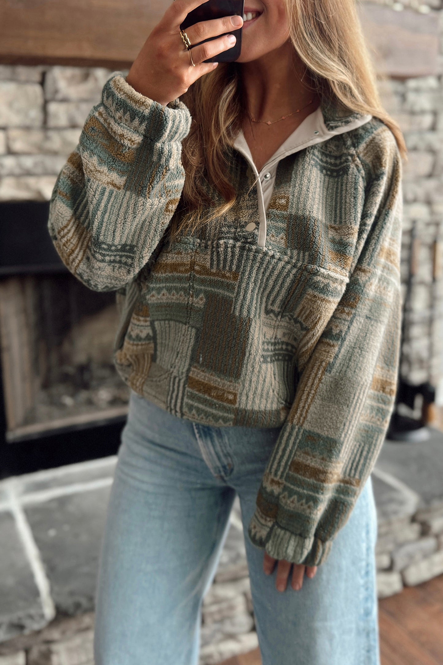 Green Western Print Fleece Pullover Long Sleeve Casual Fit Sweatshirt