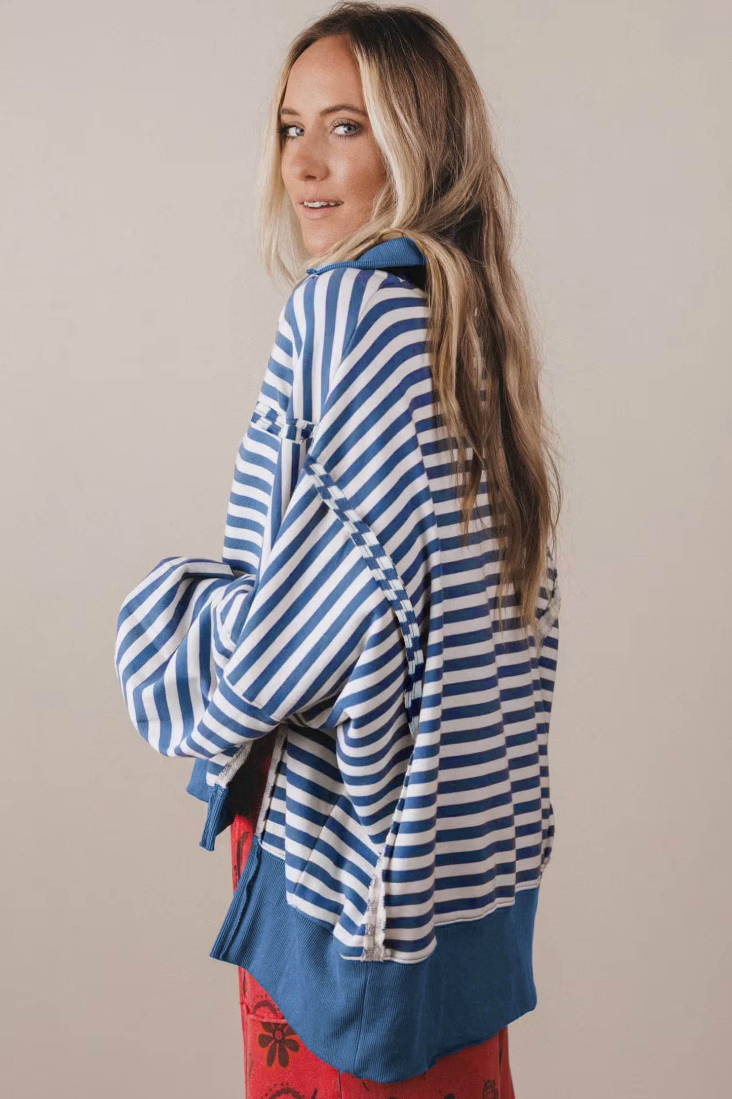 Blue Stripe Loose Pullover Sweatshirt