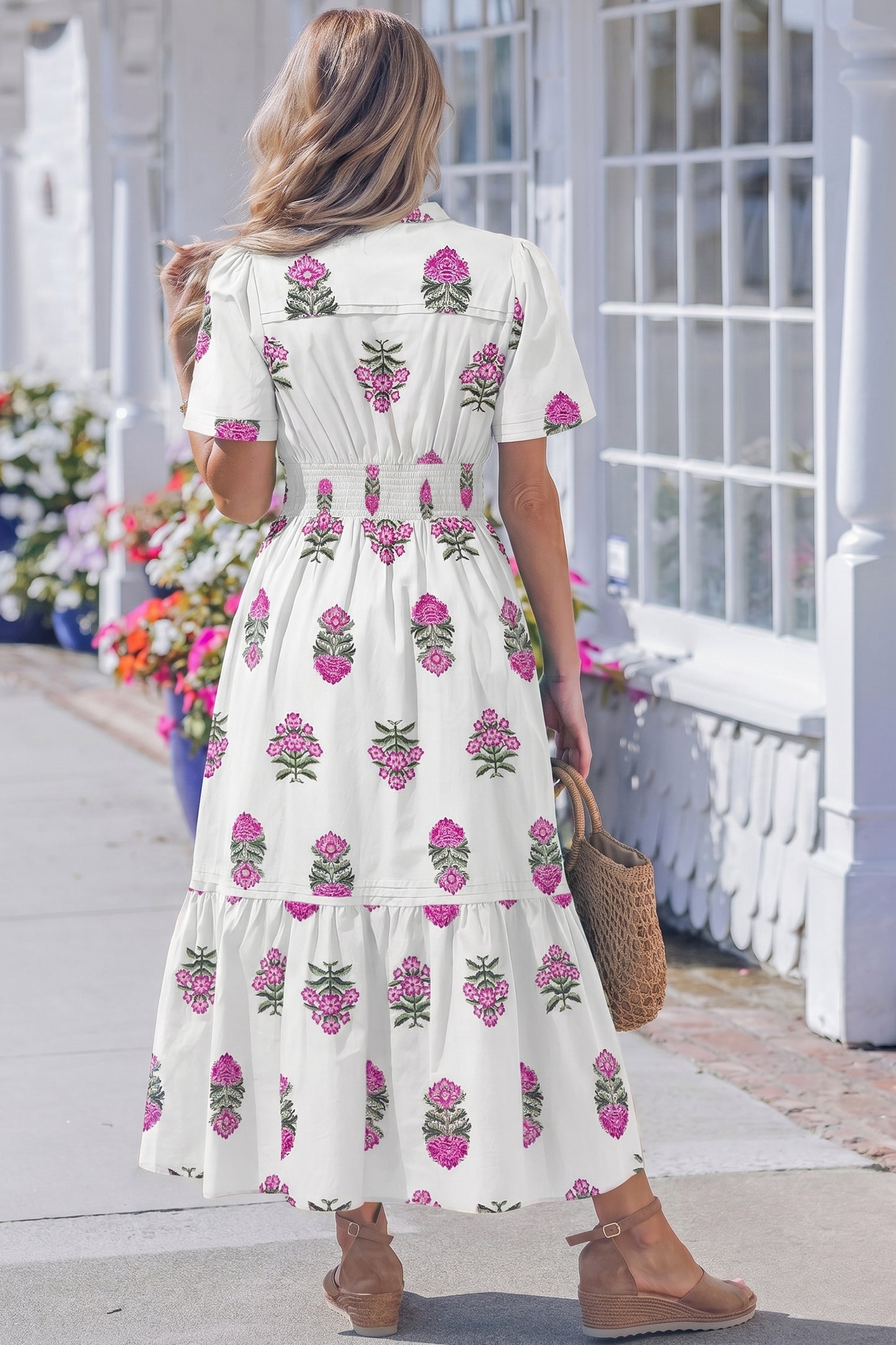 Split Neck Shirred High Waist Ruffle Hem Maxi Dress