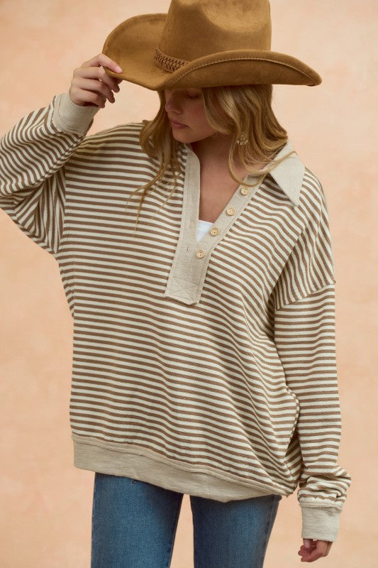 Vintage Loose Fit Collared Striped Top