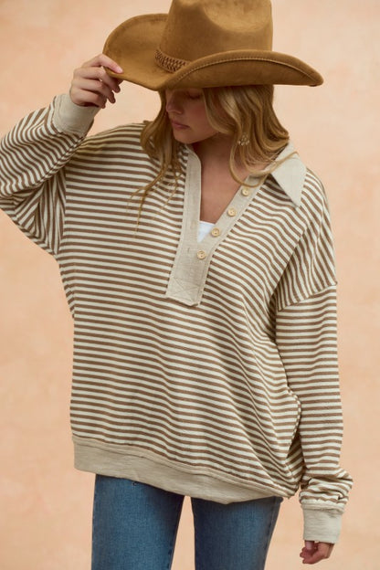 Vintage Loose Fit Collared Striped Top