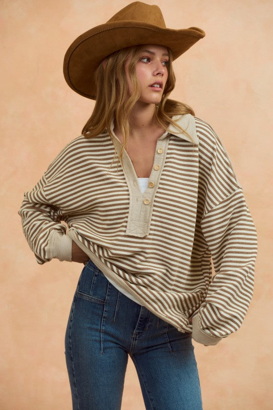 Vintage Loose Fit Collared Striped Top