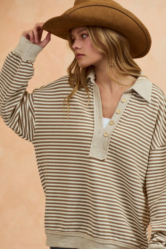 Vintage Loose Fit Collared Striped Top