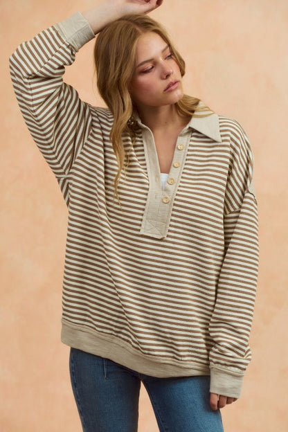Vintage Loose Fit Collared Striped Top