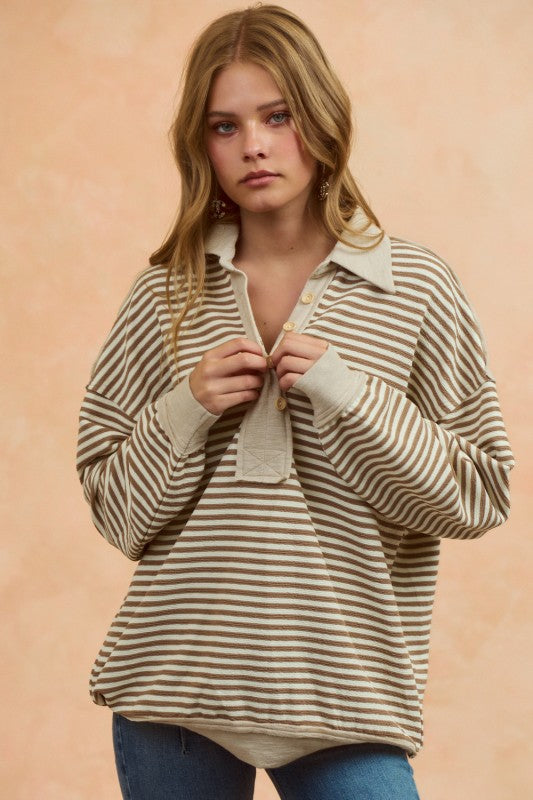 Vintage Loose Fit Collared Striped Top