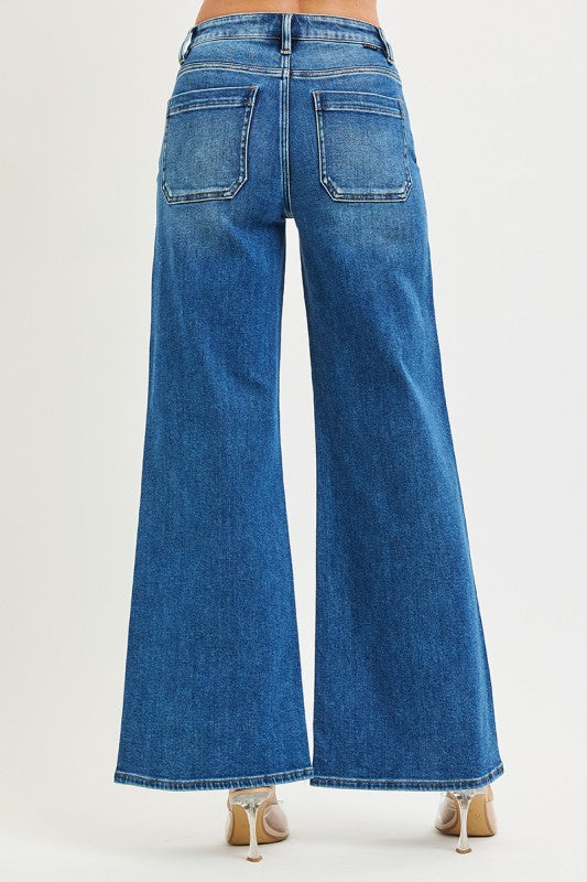 High Rise Wide Leg Jeans with Front Yoke Seam Detail