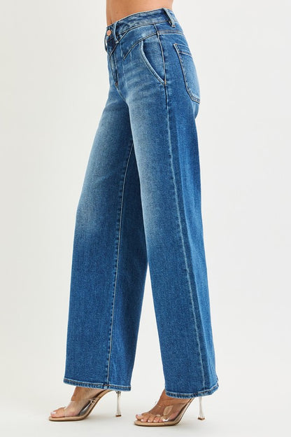 High Rise Wide Leg Jeans with Front Yoke Seam Detail