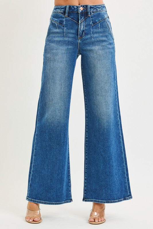 High Rise Wide Leg Jeans with Front Yoke Seam Detail