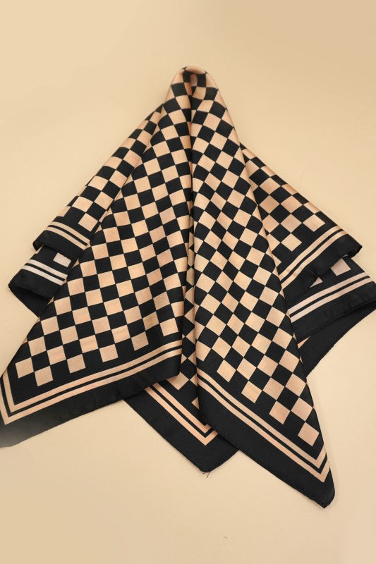 Checkered Chic Silky Bandana Scarf Brown