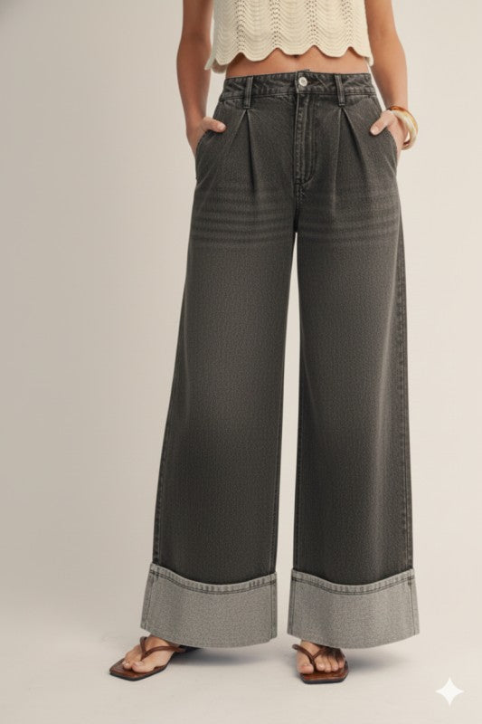 Washed Timeless Cuffed Hem Wide Leg Black Denim