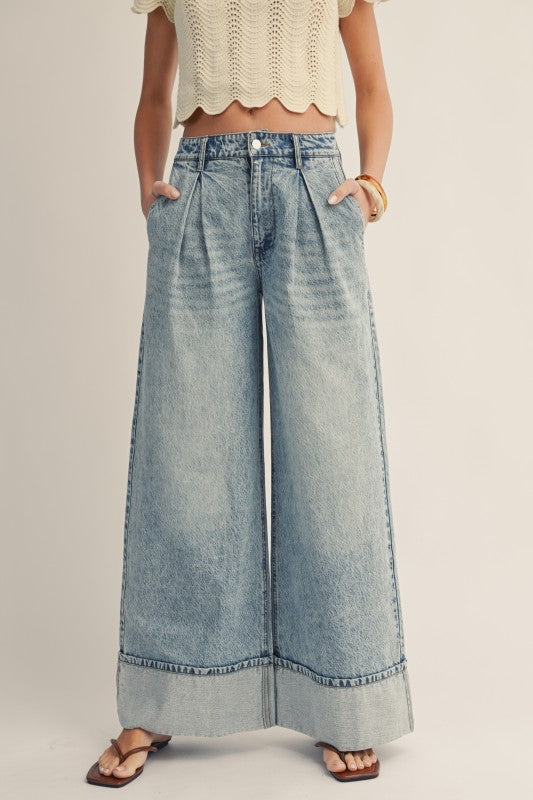 Washed Timeless Cuffed Hem Wide Leg Denim