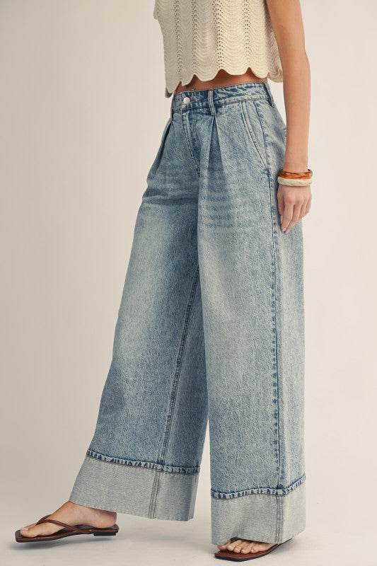 Washed Timeless Cuffed Hem Wide Leg Denim