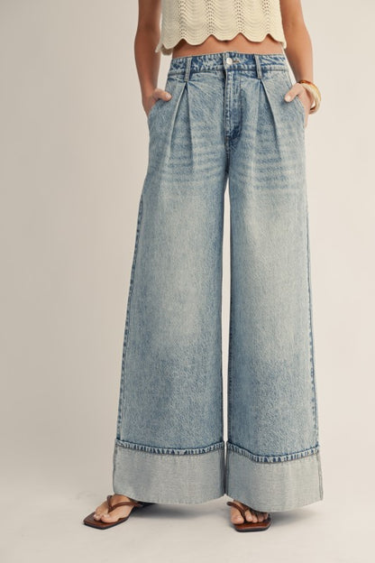Washed Timeless Cuffed Hem Wide Leg Denim