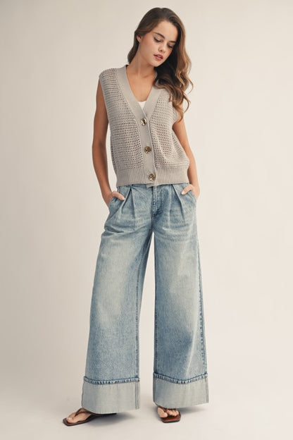 Washed Timeless Cuffed Hem Wide Leg Denim