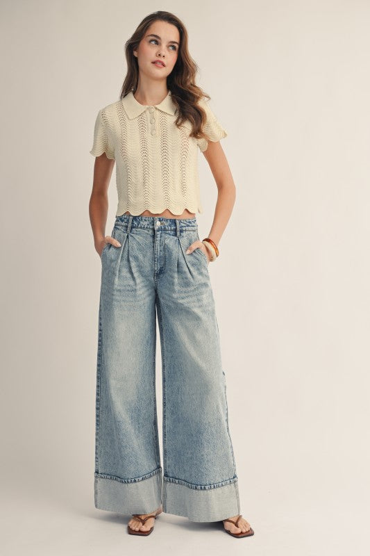 Washed Timeless Cuffed Hem Wide Leg Denim