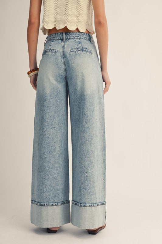 Washed Timeless Cuffed Hem Wide Leg Black Denim