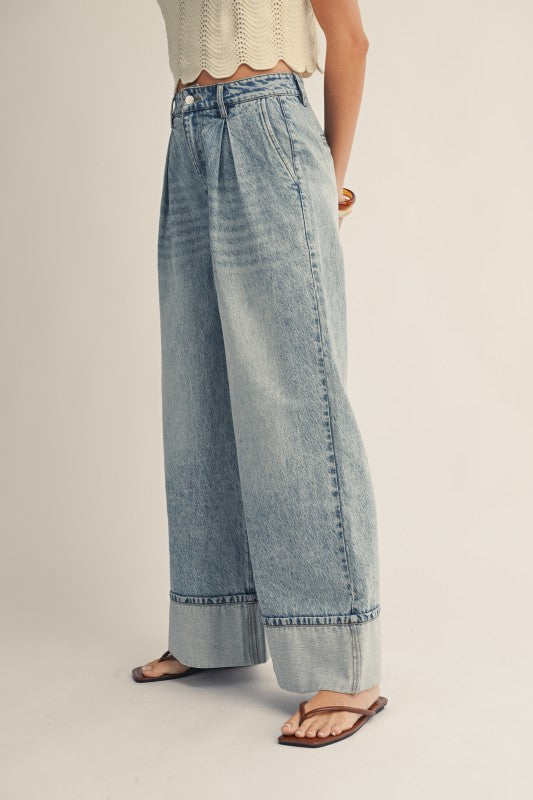 Washed Timeless Cuffed Hem Wide Leg Denim