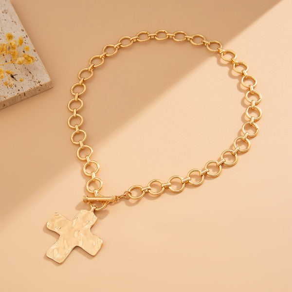 Notable Hammered Cross Front Toggle Necklace