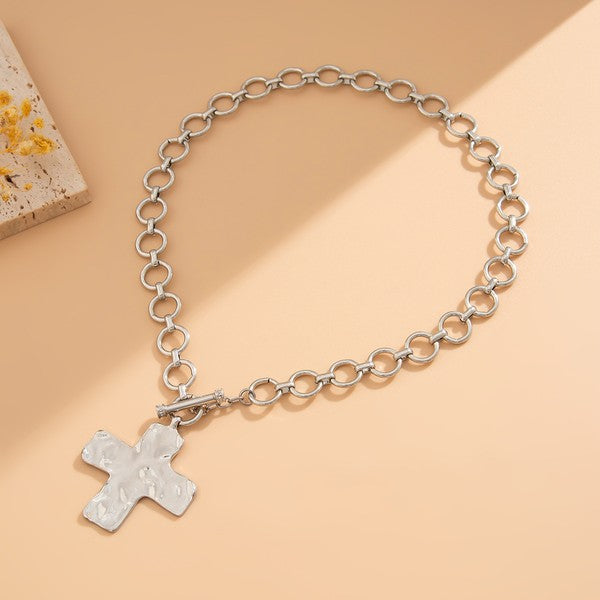 Notable Hammered Cross Front Toggle Necklace