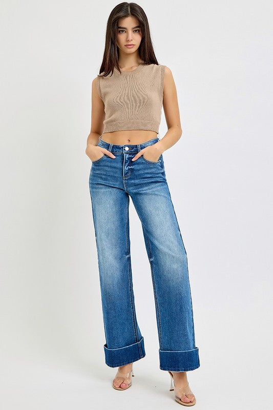 Tummy Control High Rise Wide Cuffed Ankle Denim