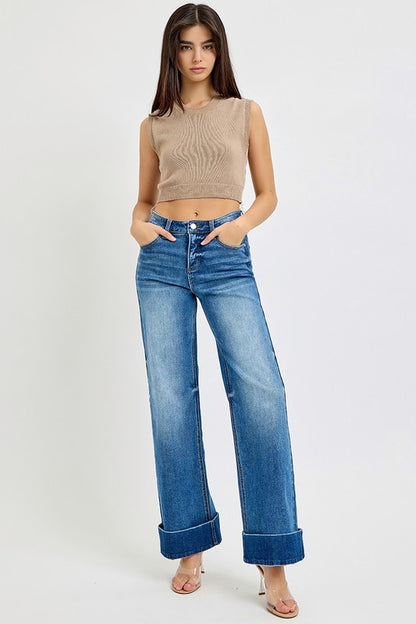 Risen Tummy Control High Rise Wide Cuffed Ankle Denim