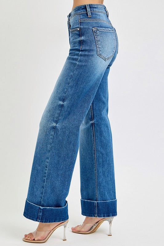 Tummy Control High Rise Wide Cuffed Ankle Denim