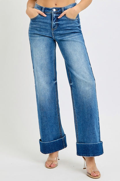 Risen Tummy Control High Rise Wide Cuffed Ankle Denim