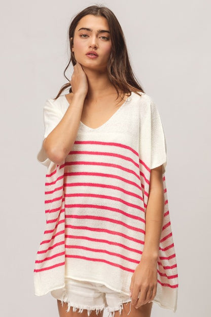 V-Neck Stripe Dolman Sleeve Top