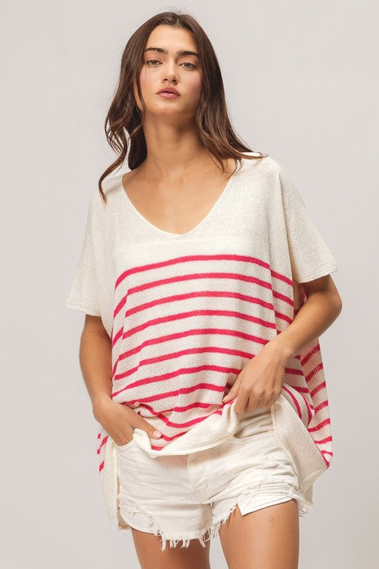 V-Neck Stripe Dolman Sleeve Top