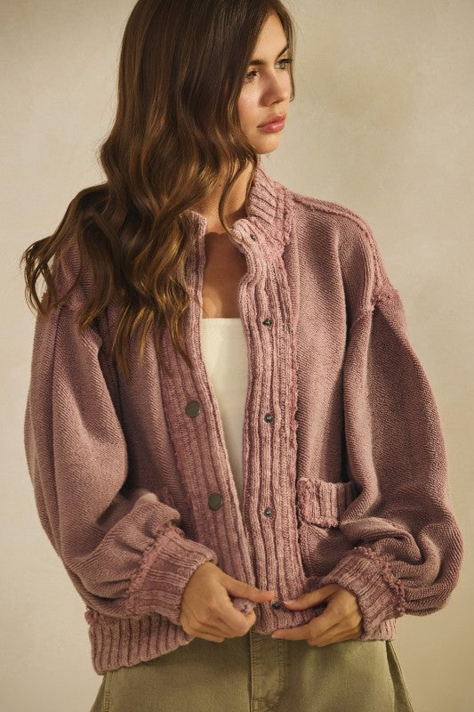 Vintage Ribbed Knit Trim Cardigan Jacket