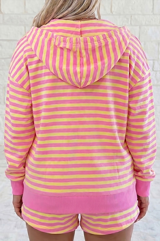 Rose Red Striped Long Sleeve Zip-Up Hoodie Drawstring Elastic Waist 2pcs Short Set