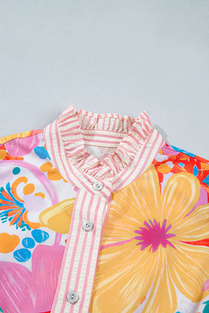 Floral Print Striped Trim Button Down Short Sleeve Dress
