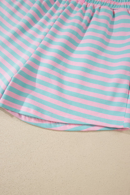 Stripe Color Block Detail Long Sleeve Pullover Elastic Waist Pull On Shorts 2pcs Set